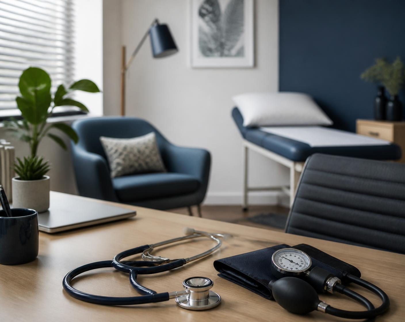 A general practice consulting room with a stethoscope and blood pressure cuff on the desk
