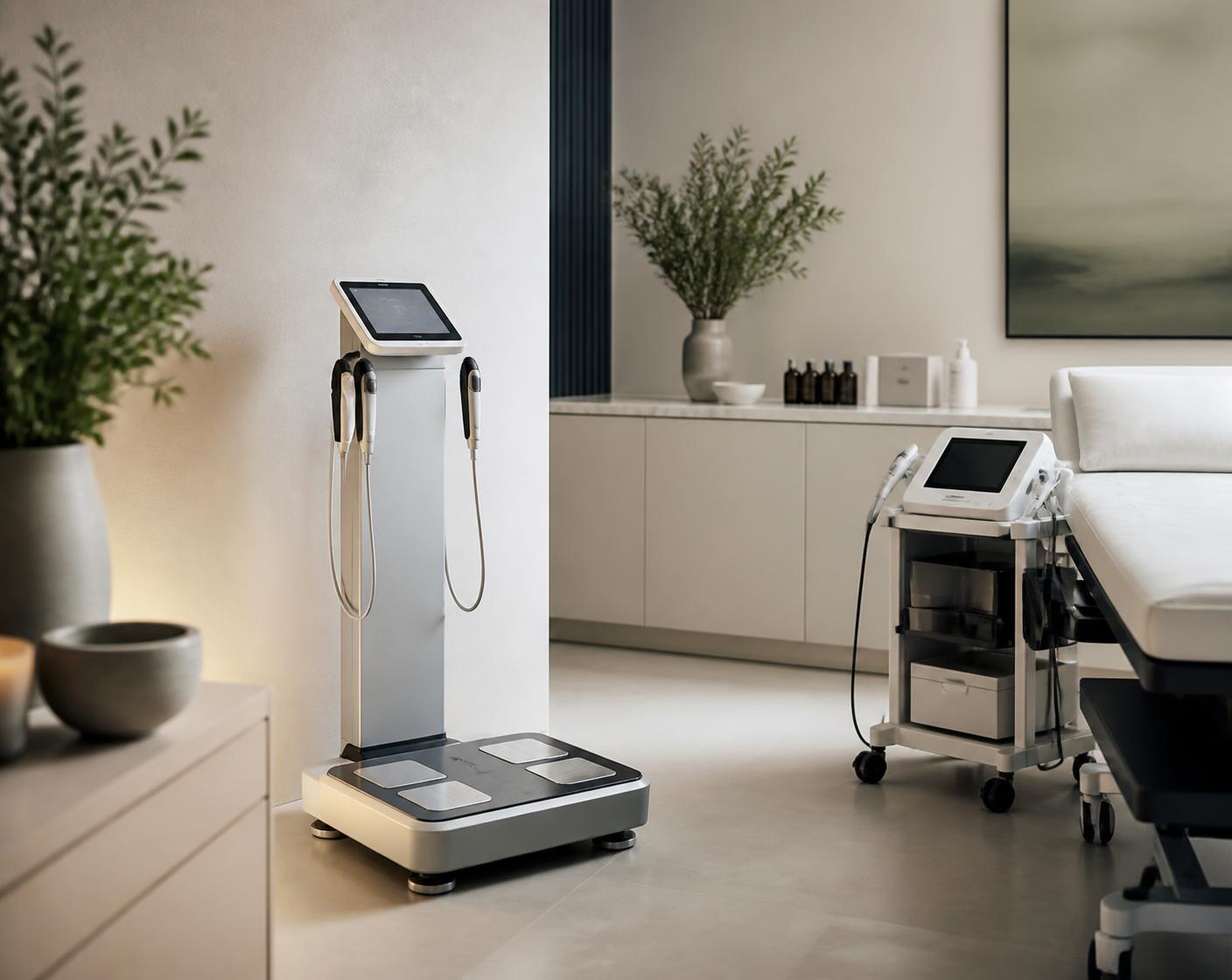 A wellness assessment room with body composition and health screening equipment